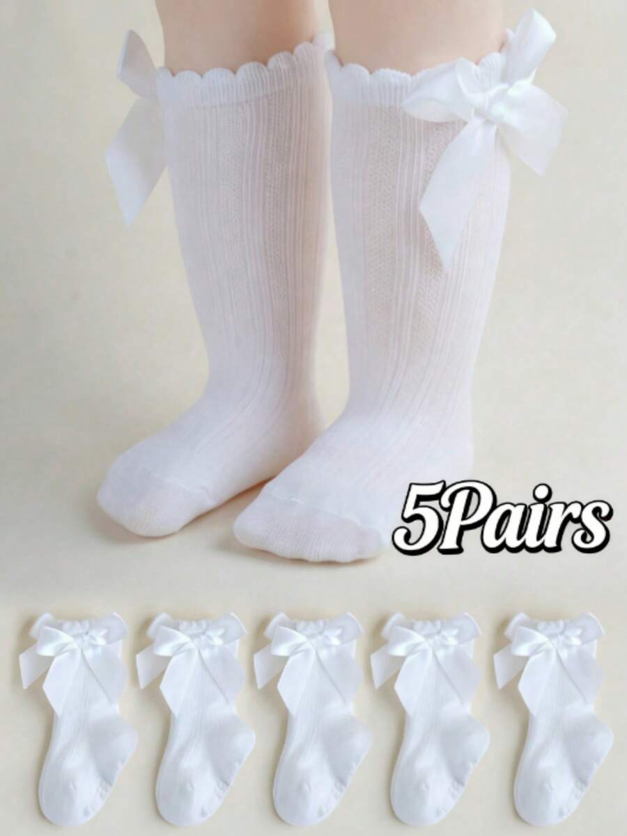 5 Pairs Kids Striped Knee High Socks, Infant Ruffle Cuff Long Socks, Baby Bow Socks, Children Hosiery - White - View 1