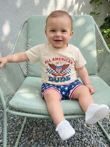 Baby Boy 4th Of July Outfit Toddler Boy Fourth Of July Clothes Memorial Usa American Flag Shirt Shorts Set - Màu be - Xem 4