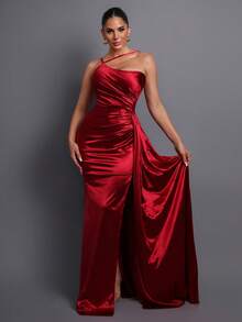Vestido largo formal elegante, con cuello asimétrico, decoración de volantes, diseño de abertura alta, adecuado para fiestas, banquetes, bodas, bailes de graduación y otras ocasiones formales de primavera - Burdeos - Ver 3