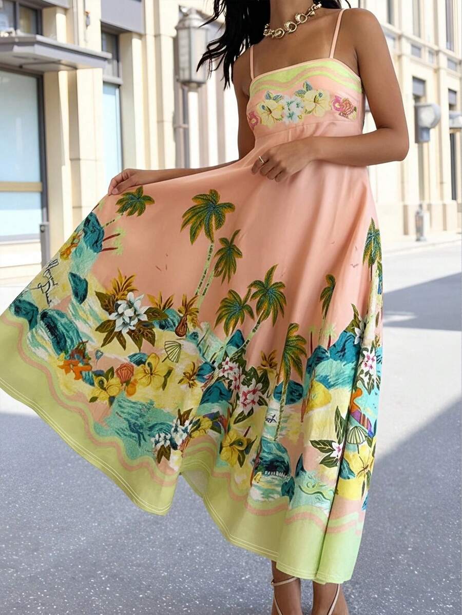 新款时尚数码印花牛奶丝面料连衣裙，夏季凉爽面料，海滩度假风花卉印花图案，适合约会、居家、度假、露营、海滩、摄影、跳舞、鸡尾酒会、购物等场合，百搭中长款连衣裙，尽显优雅气质。