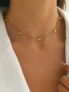 1件不锈钢可爱心形吊坠项链，优雅时尚的镶钻心形项链，性感锁骨项链，适合女性日常佩戴或作为礼物赠送 - 金色 - 查看 2