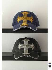 1 chiếc mũ lưỡi trai mềm mại có chữ thập và vành cong - Mũ phong cách đường phố Gothic, thêu chữ thập kiểu cũ, mũ lưỡi trai unisex kiểu vintage đã qua xử lý, bạc màu. - Thư chéo - Xem 6