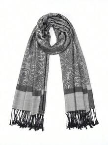 1pc Retro Versatile Paisley Pattern Jacquard Pashmina Scarf With Tassel, Soft & Warm, Casual & Fashionable, Suitable Daily Commute Outfit Decoration - 黑色 - 查看 6