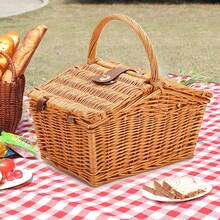 Foldable Wicker Picnic Basket With Lid, Countryside Style Handheld Basket, Photography Prop For Outdoor Picnic - Multicolor - View 2