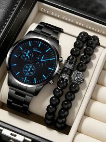 三件套时尚百搭男士石英表，圆形表盘，合金钢表带，搭配皇冠珠手链套装，是送给男士的最佳礼物，适合节日送礼和日常佩戴。 - 黑色 - 查看 5