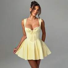 Pure And Sweet Girl Style Light Blue Camisole Dress With Lace Lace And Chest Tie, Waist Cinching And Slimming Short Skirt - 黃色 - 查看 8