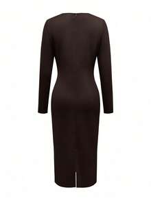 Vestido de primavera de mujer con cuello redondo elegante, unicolor y cierre de botones delantero - Marrón Chocolate - Ver 3