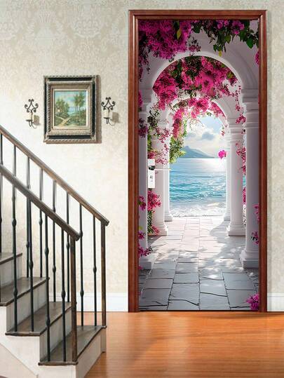 1pc Modern Removable Wall Painting Door Sticker - White Colonnade With Pink Flowers, Abstract Art Poster For Bedroom Wall Decals, Tranquil Coastal View Design, Easy-To-Install Paper Decoration For Home Decor