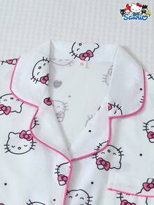 SANRIO 女士睡衣套装，心形印花短袖口袋上衣和蝴蝶结短裤，休闲家居服 - 白色 - 查看 3