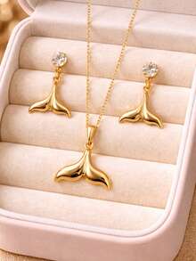 Mermaid Whale Tail Necklace And Earrings Set With Delicate Gold Zirconia - 麗莎 - 查看 1