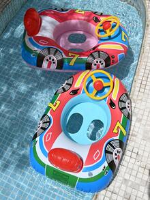 1个儿童游泳池充气座椅圈，可爱漂浮座椅圈，儿童游泳圈，充气汽车/船形游泳圈，儿童腋下漂浮圈，带方向盘的夏季游泳圈 - 彩色 - 查看 2