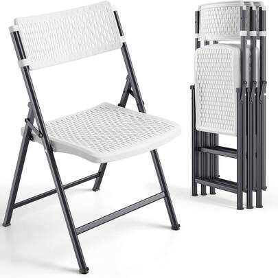 Black Folding Chairs 4-Pack, Breathable Plastic For Card Tables & Indoor Outdoor, Easy-Clean & Supports 400 Lbs