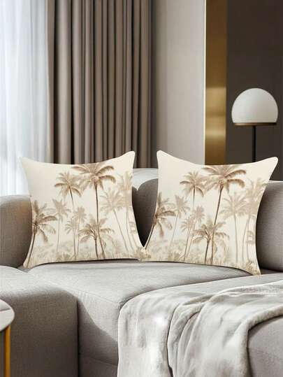1/2/4pcs Tropical Palm Tree Throw Pillow Covers - Beige & Palm Tree Design, Zipper Closure Decorative Cushion Cases For Living Room, Bedroom, Office, Car - Machine Washable Polyester (No Insert Needed) - Coastal Home Decor, Palm Tree Decor, Bedroom Accessories, Rural Style Accents, Flat Print Design, Office Decor, Durable Fabric, Square Pillowcases, Interior Designers, 2D Flat