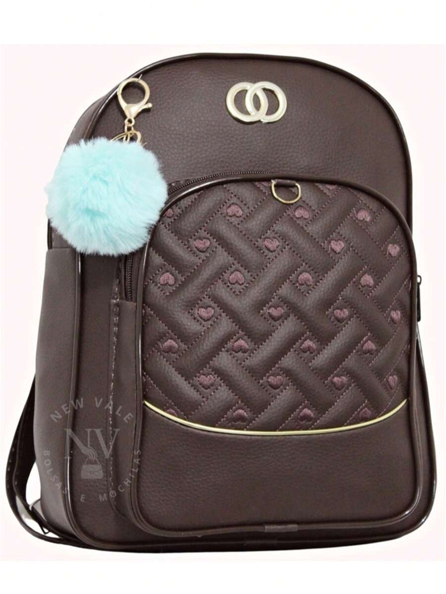 Women's Backpack, Small Bag With A Cool And Delicate Print + Pompom Keychain. - Coffee - View 1