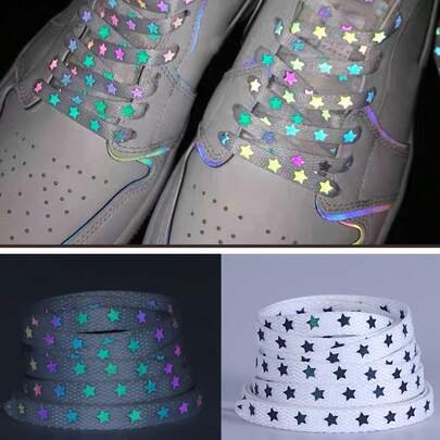 1 par de cordones de zapatos luminosos y reflectantes con estrellas holográficas, cordones planos reflectantes de doble cara de alta visibilidad adecuados para zapatos deportivos