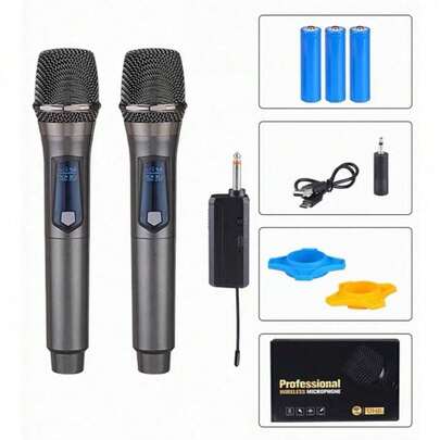Kit 2 Microfones Dinâmico Sem Fio Profissional Recarregável Uhf para Karaokê