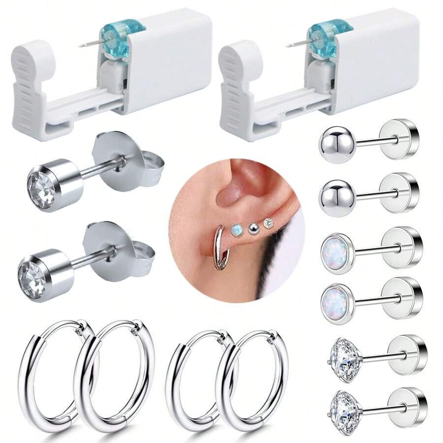 Kit desechable de pistola para perforar orejas 14 PIEZAS Incluye 2 pistolas de perforación con aretes incorporados, 10 aretes de aro y pendientes de circonita cúbica