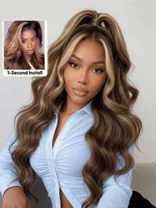 13x4 Lace Front Wig, Honey Brown Mixed With Golden Highlights, Soft Wavy Texture, Pre-Cut, Pre-Combed, Pre-Bleached, With Drawstring, Includes Golden Highlights For Face-Framing Layers, Unice Hair - SNatural/4/27 - View 8