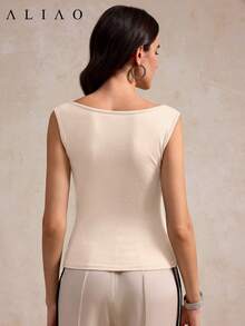 Aliao Sleeveless V-Neck Rhinestone Decorated Vintage Elegant Fitted Vest Top, Suitable For Daily, Casual And Outdoor Wear, Spring/Summer - Apricot - View 5