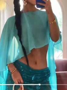 Women's Loose Sheer Tops Solid Color Bat Sleeve Off One Shoulder T-Shirt Chiffon Shirts For Summer - Blue - View 2
