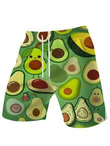 2026 New Men's Avocado Cartoon Print Beach Shorts - Green Base With Colorful Avocado And Fruit Patterns, Drawstring Waist, Lightweight Fiber Fabric, Designed Summer Outdoor Sports And Casual Wear, Beach Shorts, Summer Casual Wear, Fun Patterned Shorts, Plus Size - 混合顏色 - 查看 3