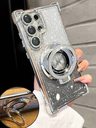 Luxury Electroplated Transparent Phone Case With Ring Holder & Magnetic Stand, Shockproof, Rhinestone Glitter, Y2K Style, Fashionable Silicone Soft Protective Cover Compatible With Iphone 16/16E/15/14/13/12/11/X/XS/XR/8/7 Plus/Pro/Max/Mini, Galaxy S24/S25 Ultra, Compatible With Xiaomi Redmi, Honor, OPPO Reno, MOTO Infinix Women 2025