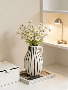 1 Peça Vaso Cerâmico Listrado Minimalista, Preto e Branco, Decoração de Vaso Minimalista Nórdica Criativa, Vaso Floral de Mesa, Design Cilíndrico Adequado para Decoração com Flores Secas/Frescas, Adequado para Sala de Estar, Escritório, Escrivaninha, Decoração Zen de Estilo Chinês Moderno - Versão do irmão - Visão 4