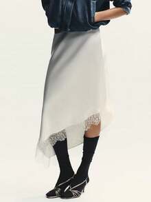 Women Satin Lace Long Skirt Elastic Waist Silky Lace Trim Midi Skirt Y2k Half Slip Maxi Skirts For Under Dress - 白色 - 查看 2