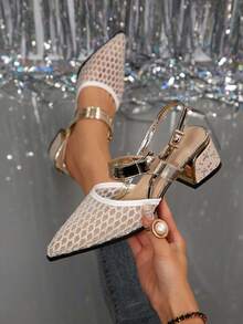 Giày sandal nữ mùa hè hở mũi bằng lưới rỗng, quai kim loại, gót chunky, kiểu dáng thời trang, thoáng khí, thích hợp cho tiệc tùng, hẹn hò, đi làm. - trắng - Xem 1