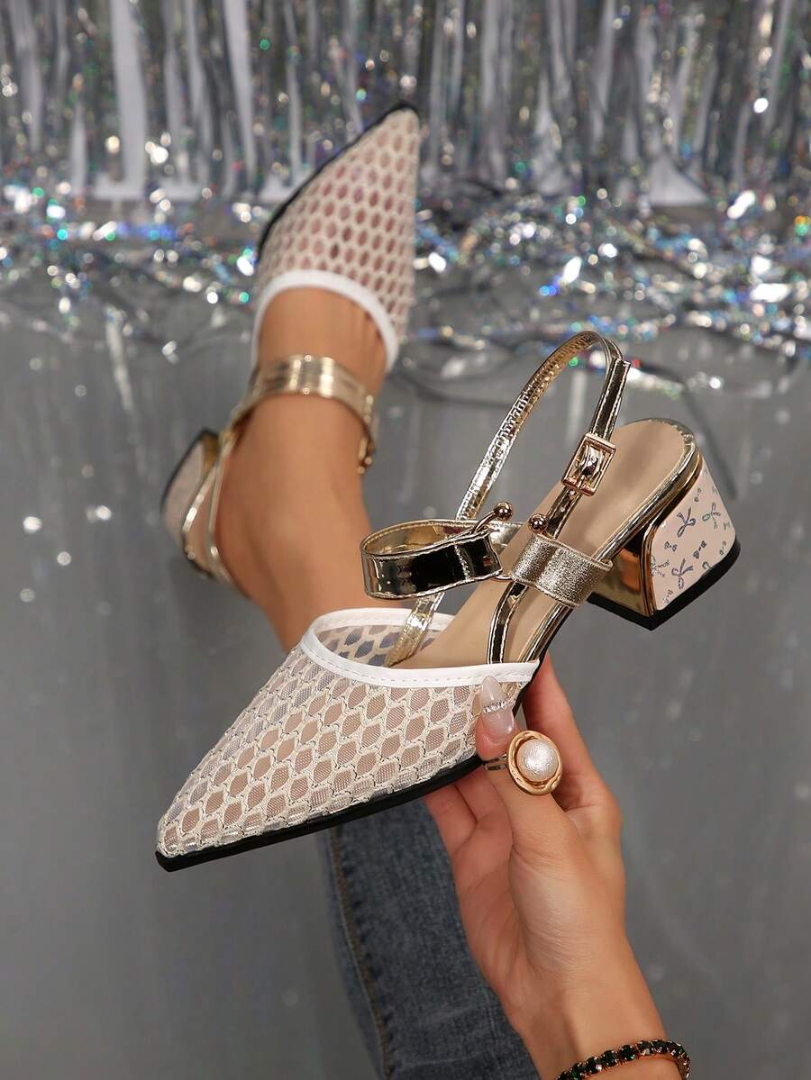 Giày sandal nữ mùa hè hở mũi bằng lưới rỗng, quai kim loại, gót chunky, kiểu dáng thời trang, thoáng khí, thích hợp cho tiệc tùng, hẹn hò, đi làm. - trắng - Xem 1