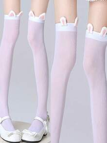1 Pair White Thigh High Socks With Cute Rabbit Ears, Sweet Lolita JK Style Long Stockings For Women - White - View 1
