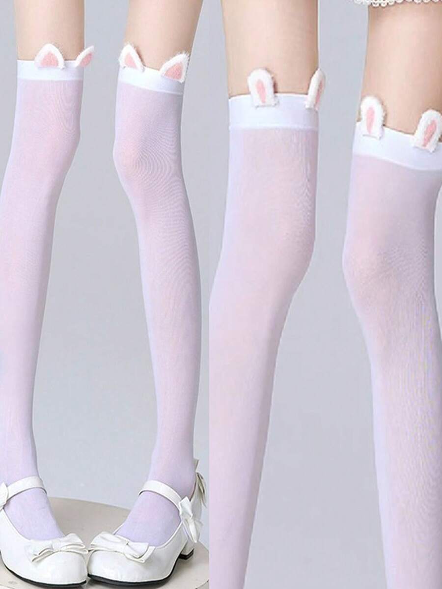 1 Pair White Thigh High Socks With Cute Rabbit Ears, Sweet Lolita JK Style Long Stockings For Women - White - View 1