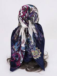 1pc Women's Printed Scarf, Beach Headscarf, Bikini Wrap, Sun Protection Silk Scarf - Navy Blue - View 5