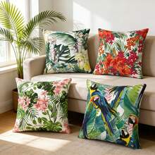 4件套夏威夷鹦鹉和热带植物装饰抱枕套，涤纶面料单面印花，适用于客厅沙发，带拉链可水洗，不含枕芯 - 綠色 - 查看 3