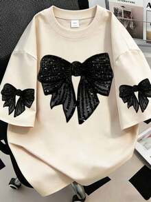 大码夏季休闲蝴蝶结印花短袖T恤 - 米色 - 查看 1