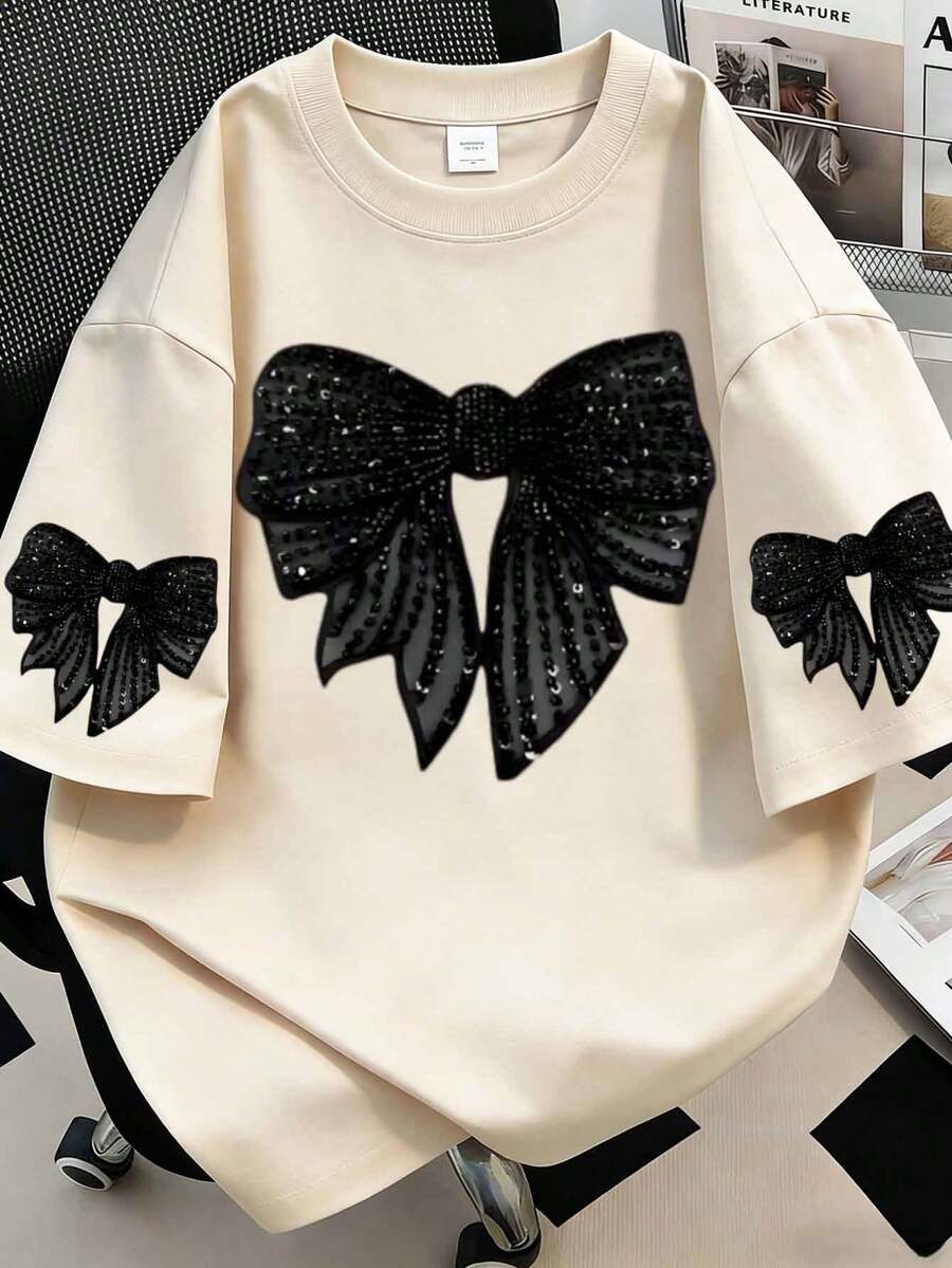 大码夏季休闲蝴蝶结印花短袖T恤 - 米色 - 查看 1