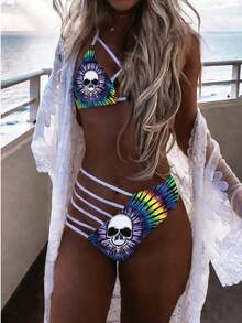 Sexy Cross-Strap Rainbow Tie-Dye Skull Triangle Bikini Set - 彩色 - 查看 2