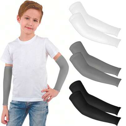 3 Pairs Kids Arm Sleeves, UV Sun Protection Arm Sleeves For Boy Girl Upf 50 Compression Cooling Sleeves Outdoor Sport Breathable Elastic Ice Sleeve For Youth Boys Girls Sports (Black White Grey)