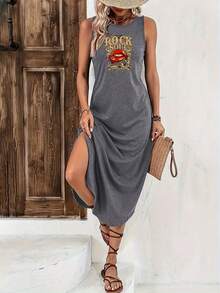 Graphic Print Sleeveless Tee Dress, Casual Tank Dress For Spring & Summer, Women's Clothing - 黑色 - 查看 4