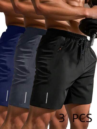 3pcs Men's Quick Dry Casual Sports Outdoor Shorts, With Drawstring Waist And Zipper Pockets, Suitable For Summer Training, Daily Wear And Outdoor Activities