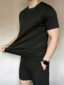 男士运动速干条纹背心短裤套装，轻便透气健身跑步休闲服，春夏黑色 - 黑色 - 查看 2