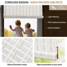 No Tools No Drill Bamboo Roller Shades, Cordless Bamboo Blinds, Light Filtering Roll Up Blinds For Windows, French Door, Porch Or Patio, 26'' W X 70'' H, Whitewash B - Whitewash B - View 4