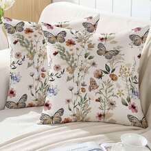 2 Stück Sofakissenbezüge, Frühlings-Blumen Outdoor Kissenbezüge mit Blumen, rosa, beige, grüne Blätter, Schmetterling Muster, dekorative Terrassenkissenbezüge ohne Füllung - Verschiedenfarbig - Übersicht 8