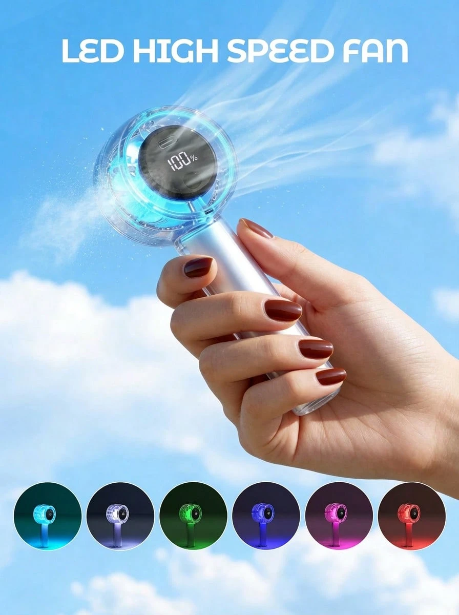Ventilador turbo portátil de mano con luz RGB, mini ventilador personal USB recargable de 1800mAh con alta velocidad tipo huracán y cordón, adecuado para maquillaje, oficina, viaje, campamento, interior, exterior, vuelta al colegio, vacaciones, esenciales para el verano - Blanco - Ver 1