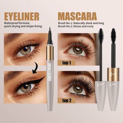 HelloKiss Bộ 2 sản phẩm mascara và kẻ mắt chống thấm nước lâu trôi, mascara làm dày và cong mi, kẻ mắt mịn màng không lem, phù hợp cho người mới bắt đầu, sử dụng hàng ngày, dự tiệc, ngày lễ, quà tặng Ngày của Mẹ.