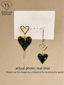 1对女士浪漫不对称黑色心形流苏吊坠耳环，夸张珠宝礼物，适合情人节/生日 - 彩色 - 查看 2