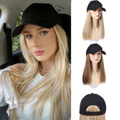 Hat Wig Heat-Resistant 14Inch Long Straight Sports Style Baseball Hat Cap Wigs Synthetic Black Brown Blonde Hairpiece With Hat Adjustable Comfortable Hair Extension For Women Black Baseball Cap Wig Daily UseH