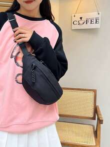 时尚尼龙斜挎包，百搭休闲胸包，简约轻便骑行包，韩式街头风单件包，配有精美编织拉袢 - 黑色 - 查看 7