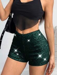 女士休闲性感亮面拼接短裤，适合度假和夏季海滩穿着 - 墨綠色 - 查看 6