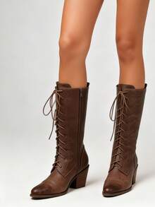 Women's Easter Leather Brown Mid Calf Boots Lace Up Chunky Heel Vintage Combat Heeled Dress Casual Boots Country Concert Combat Boots For Women - 棕色 - 查看 5